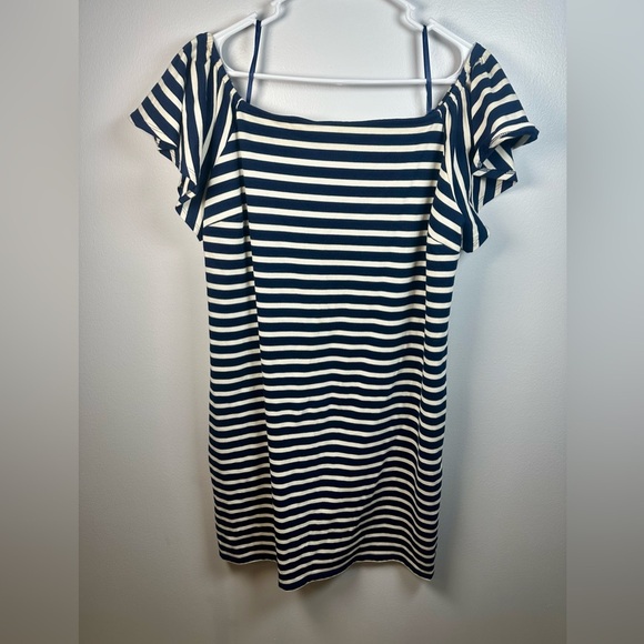 Lauren Ralph Lauren Navy and White Striped Sheath Midi Dress XL off shoulder - Picture 1 of 7